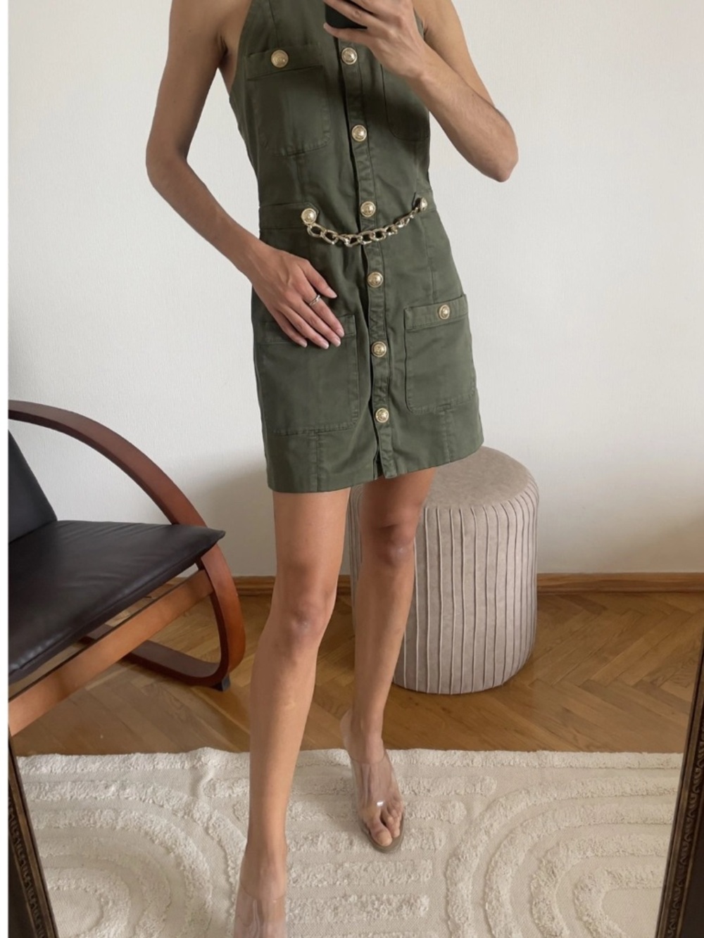 BALMAIN Military Green Khaki Cotton Halter Mini Dress with Gold Chain Belt - Picture 2 of 14
